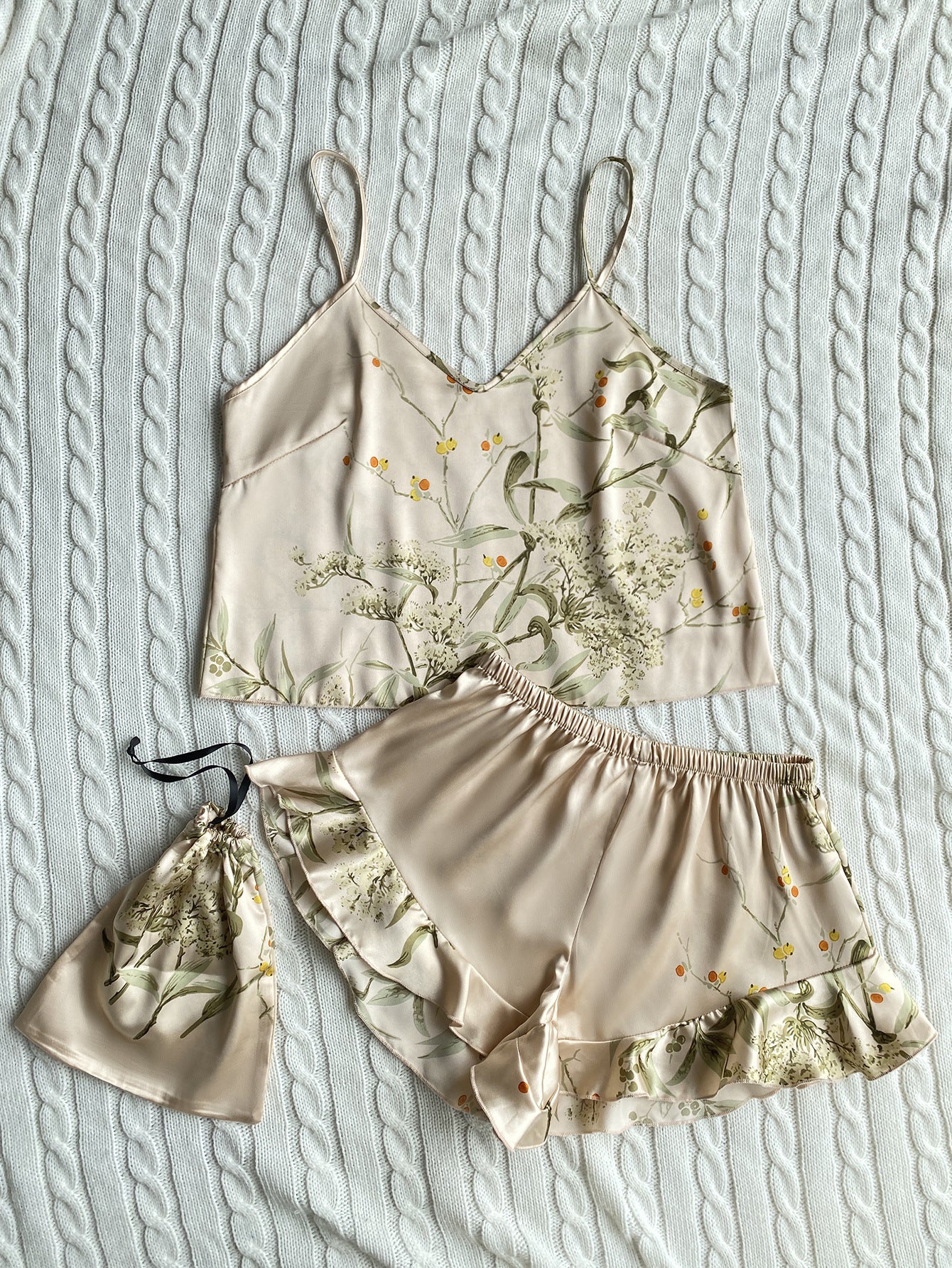 Spring Summer Imitated Silk Pajamas Two-Piece Printed Shorts Home Wear Suit Sexy Sling Dress