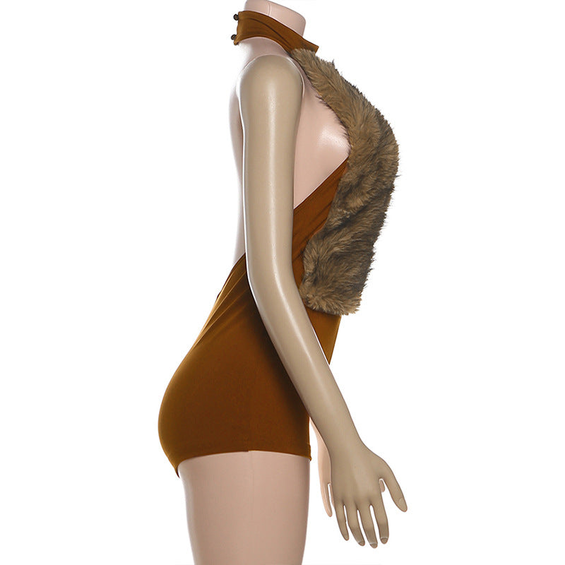 Women Clothing Autumn Winter Sexy Fur Stitching Halter Cut out Backless Jumpsuit