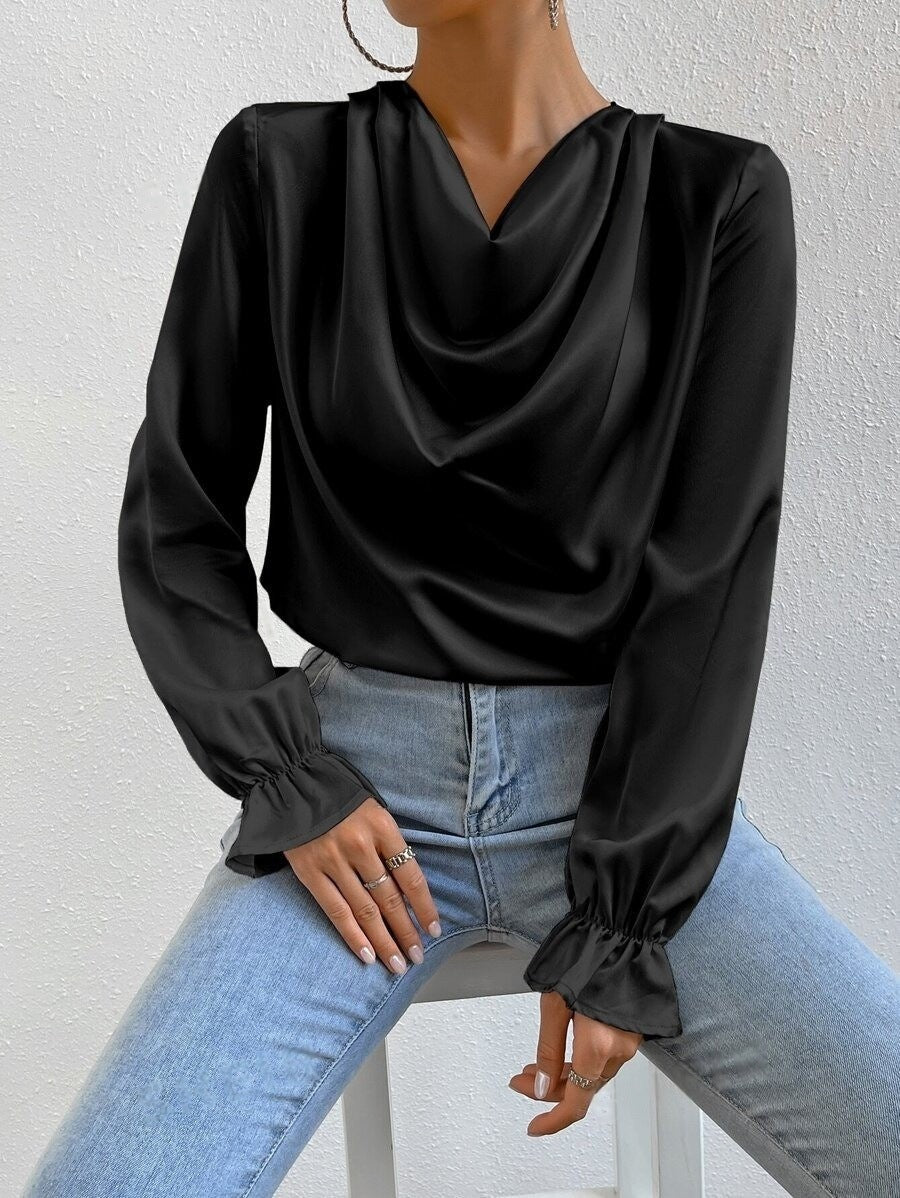 Women Clothing Ruffled Sleeve Satin Shirt Autumn Arrival Long Sleeve Satin Shirt