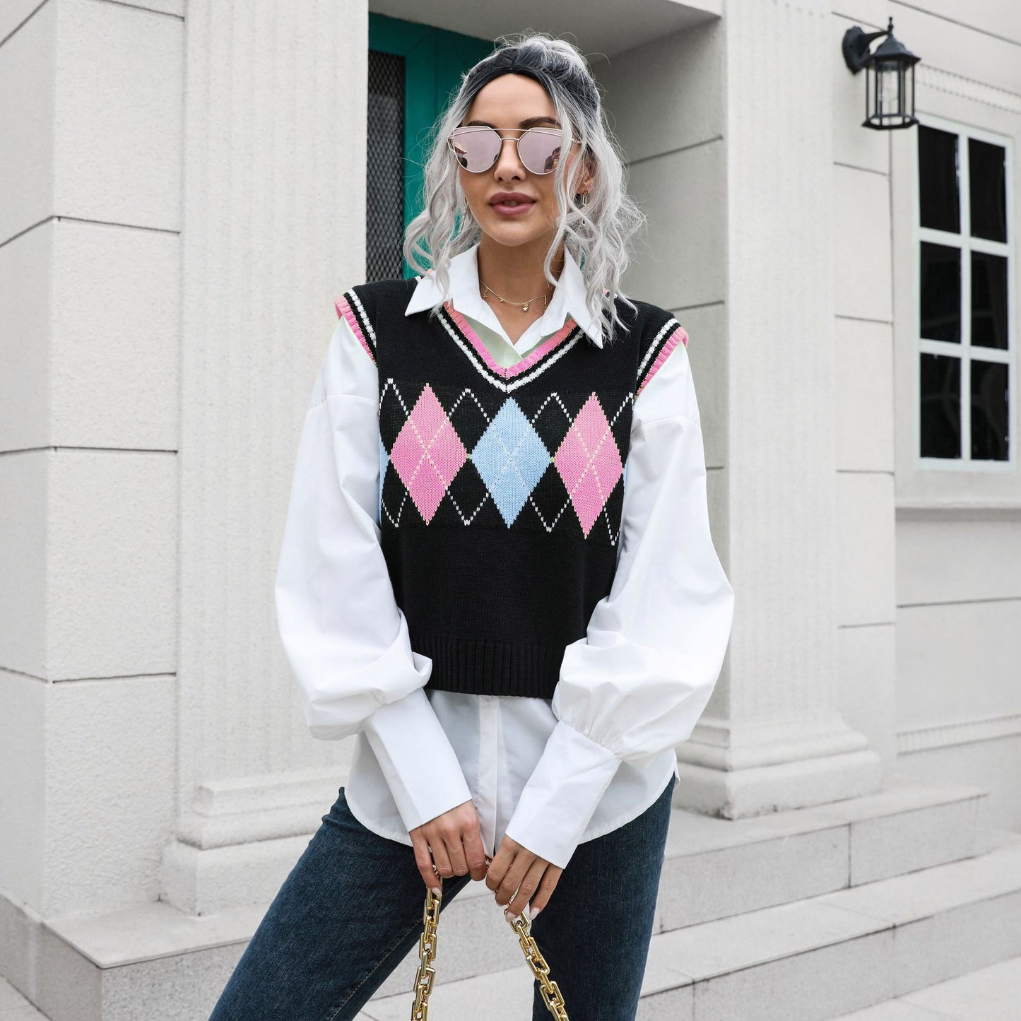 Rhombus V-neck Plaid Vest Sweater Women Vest Outer Wear Inner Wear Autumn Winter Knitwear Sweater