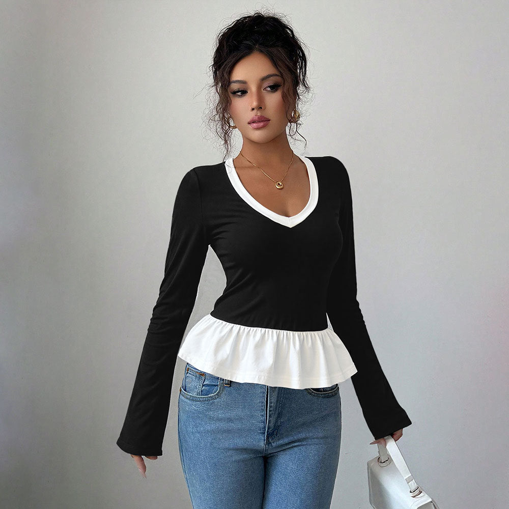 Autumn Winter Contrast Color Stitching Faux Two Pieces Lace Long Sleeved Top Slim Fit round Neck Base T shirt