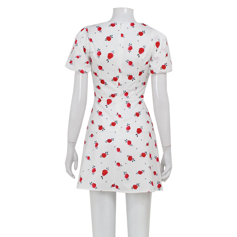 Summer Fresh Sweet Puff Sleeve Small High Waist Floral Dress Slim A Line Dress
