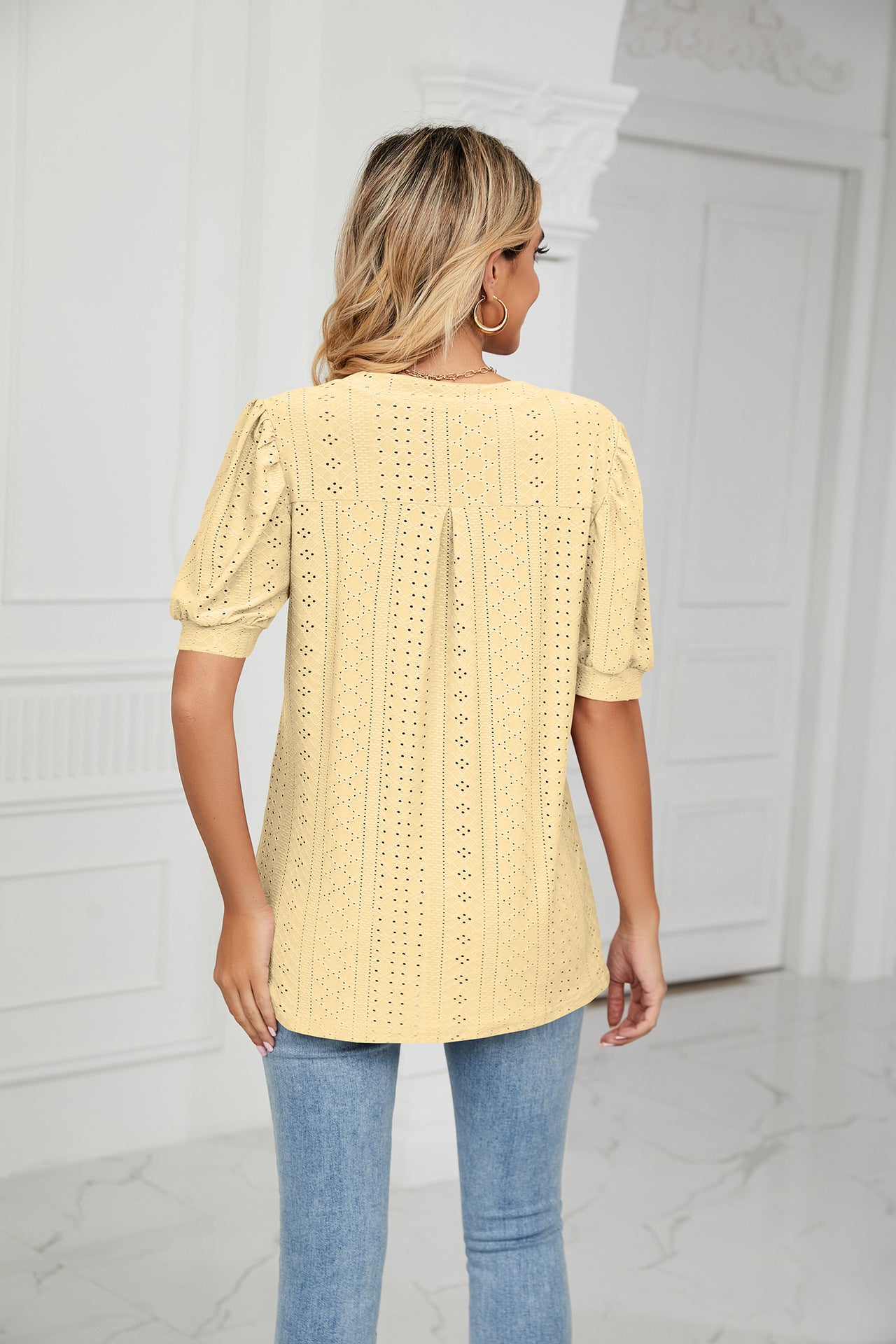 Summer Casual V Neck Solid Color Hollow Out Cutout Puff Sleeve Loose Fitting T Shirt Top Women