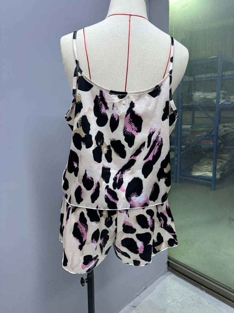 Casual Two Piece Sets Leopard Print Sling Pajamas Women Summer Satin Artificial Silk Popular Home Wear