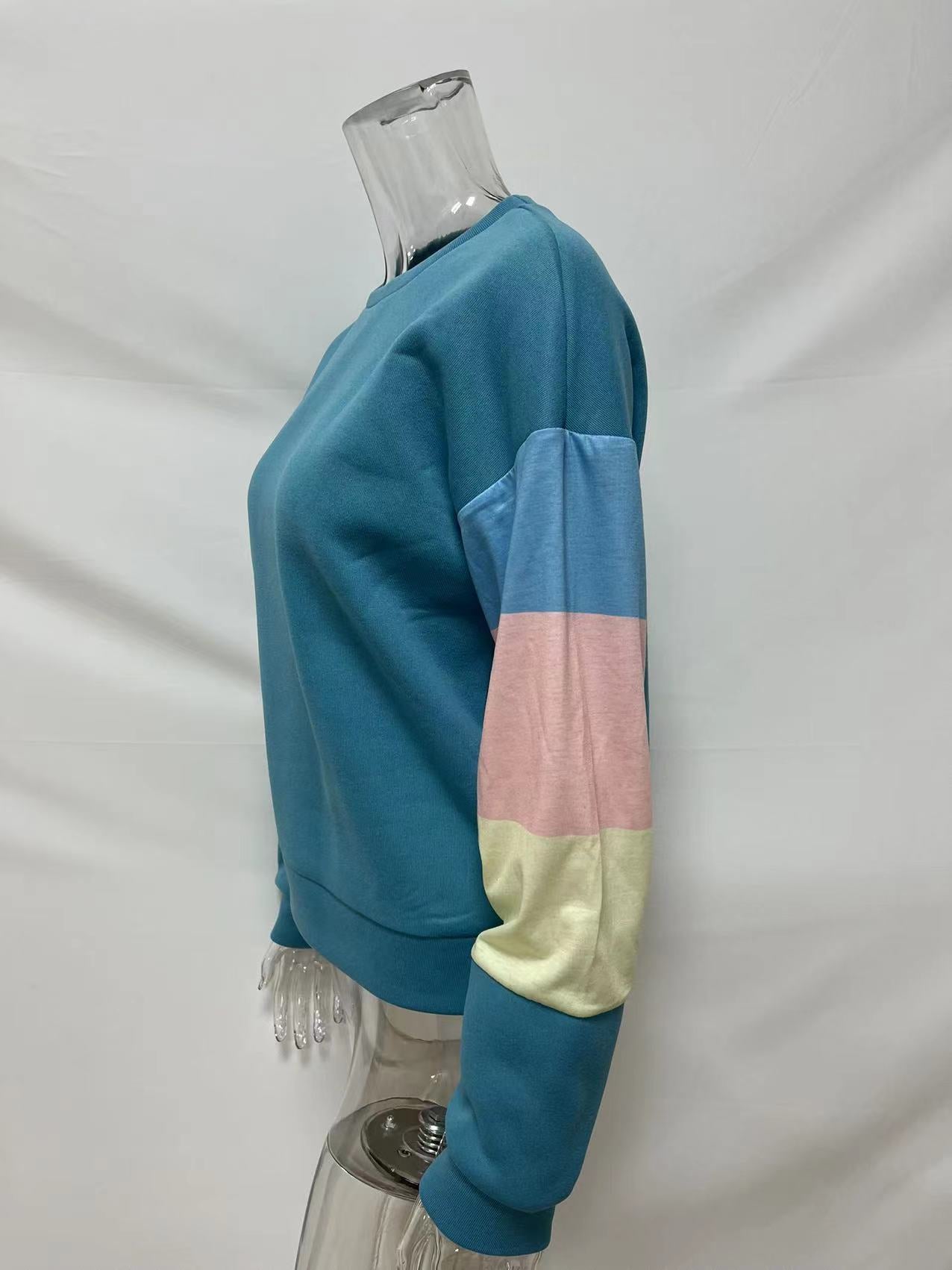Pullover Sweatshirt Women Spring Autumn Round Neck Long Sleeve Contrast Color Long Sleeve T Shirt Women