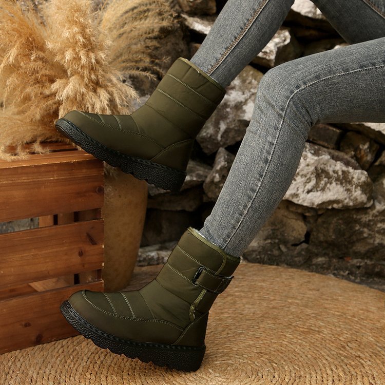 Winter Fleece Lined Warm Slugged Bottom Snow Boots Women Velcro down Cloth Mid Calf Cotton Shoes