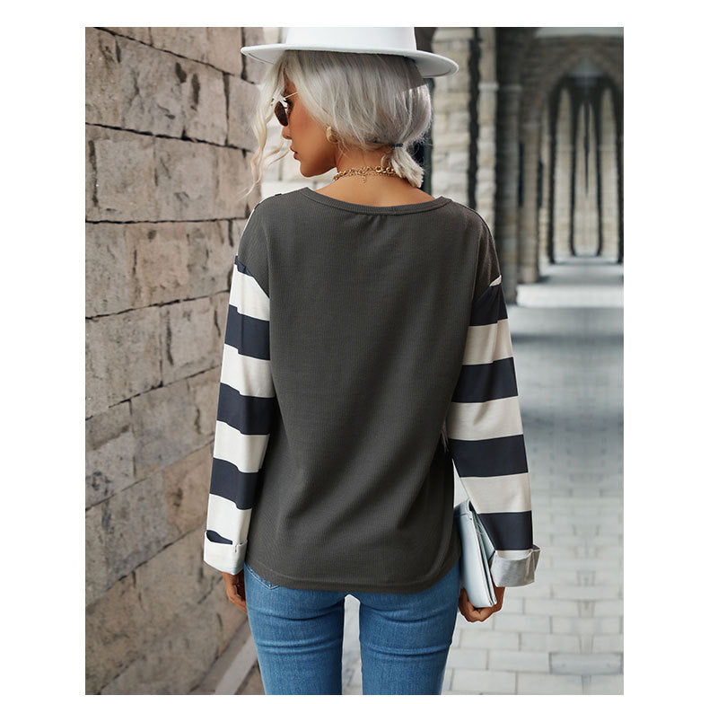 Autumn Winter Women Stitching Long-Sleeved Striped Sweater