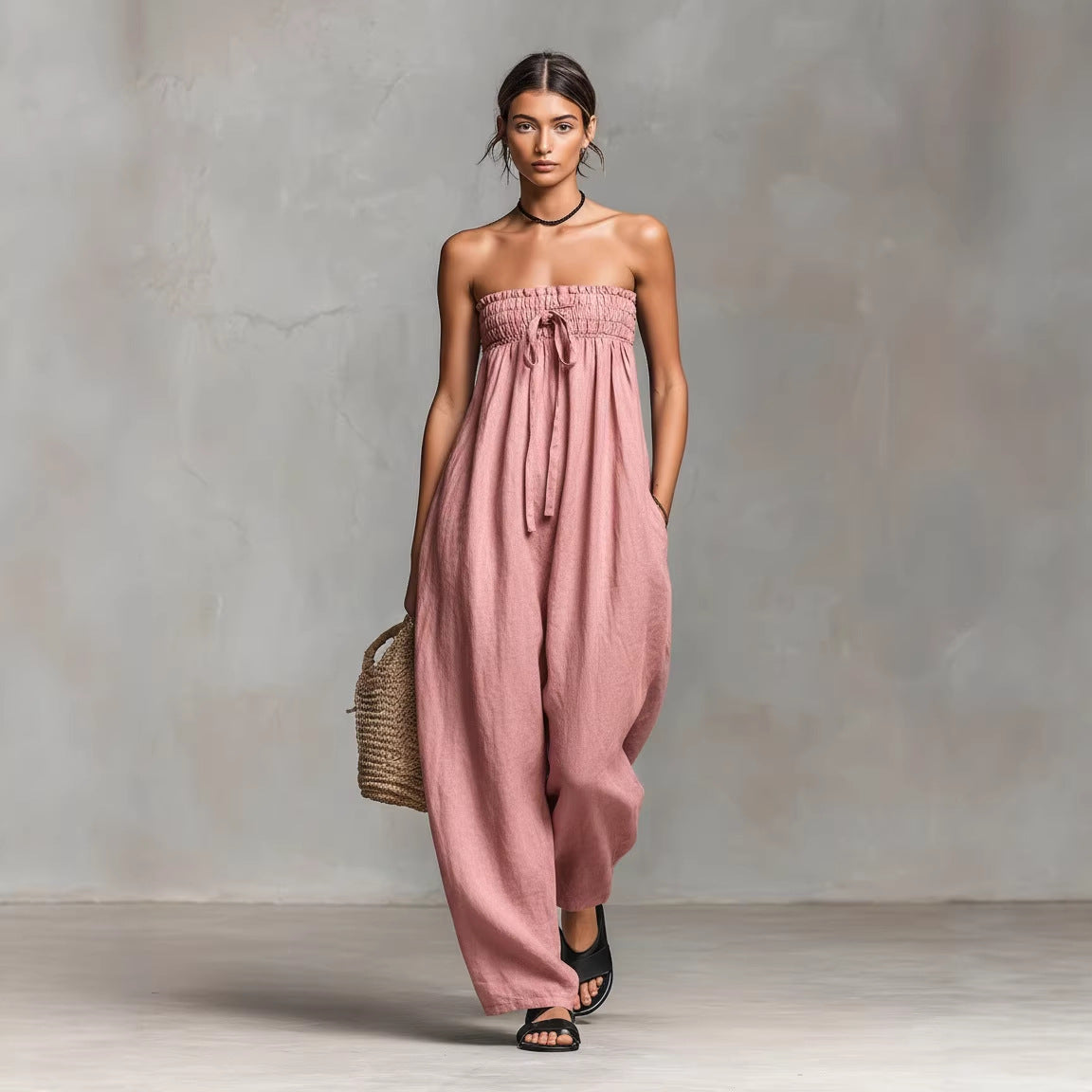 Women Spring Clothing Lace up Tube Top Smocking Jumpsuit Strapless