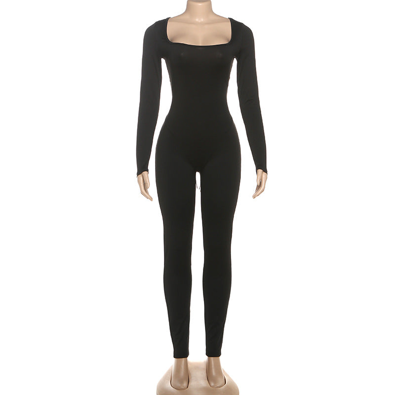 Women Clothing Autumn Winter Sexy U Collar Backless Lace up Long Sleeve Solid Color Hip Lifting Jumpsuit