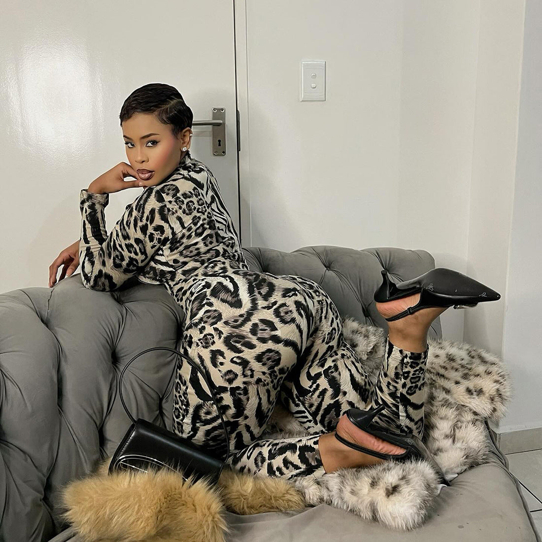 Fall Women Clothing Leopard Print Half Turtleneck Sexy Tight Sexy One Piece Pants
