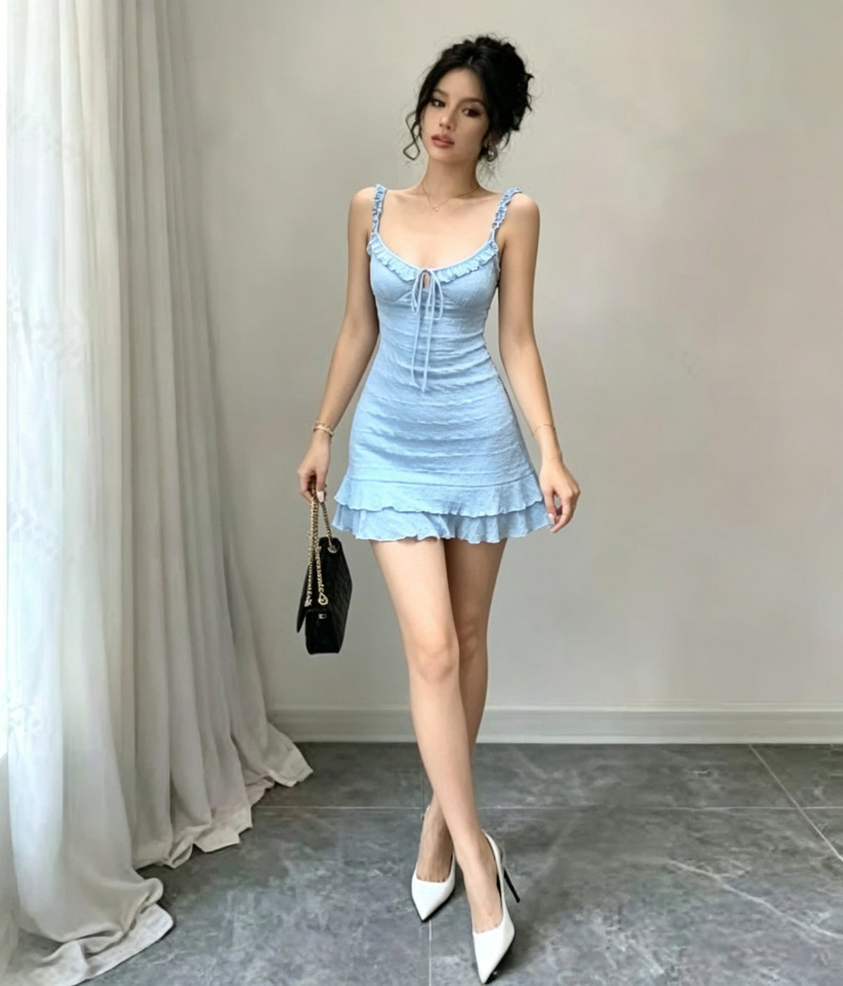 Sexy Blue Strap Dress Women Summer Slim Fit Waist Trimming Ruffles Dress Sexy Tight Sheath Short Dress
