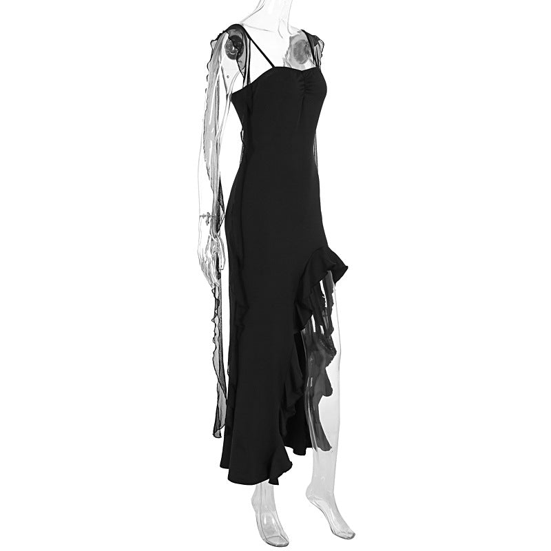 Summer Women Elegant Tube Top Ribbon Ruffled Split Sling Dress