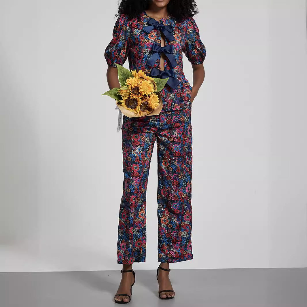 Women Clothing Pastoral Sets Bow Tie Shoulder Floral Puff Sleeve Top Trousers