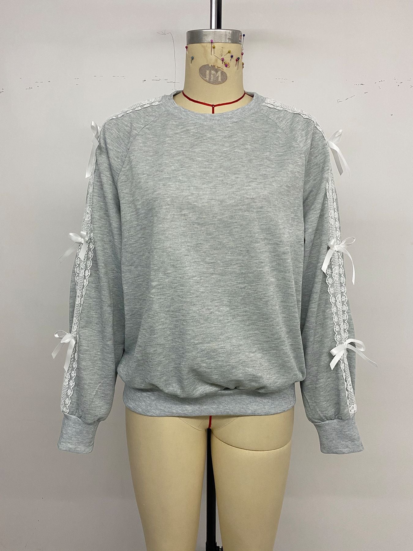 Casual Sweet Top Bow Lace Stitching Gray Long Sleeves Autumn Sweatshirts