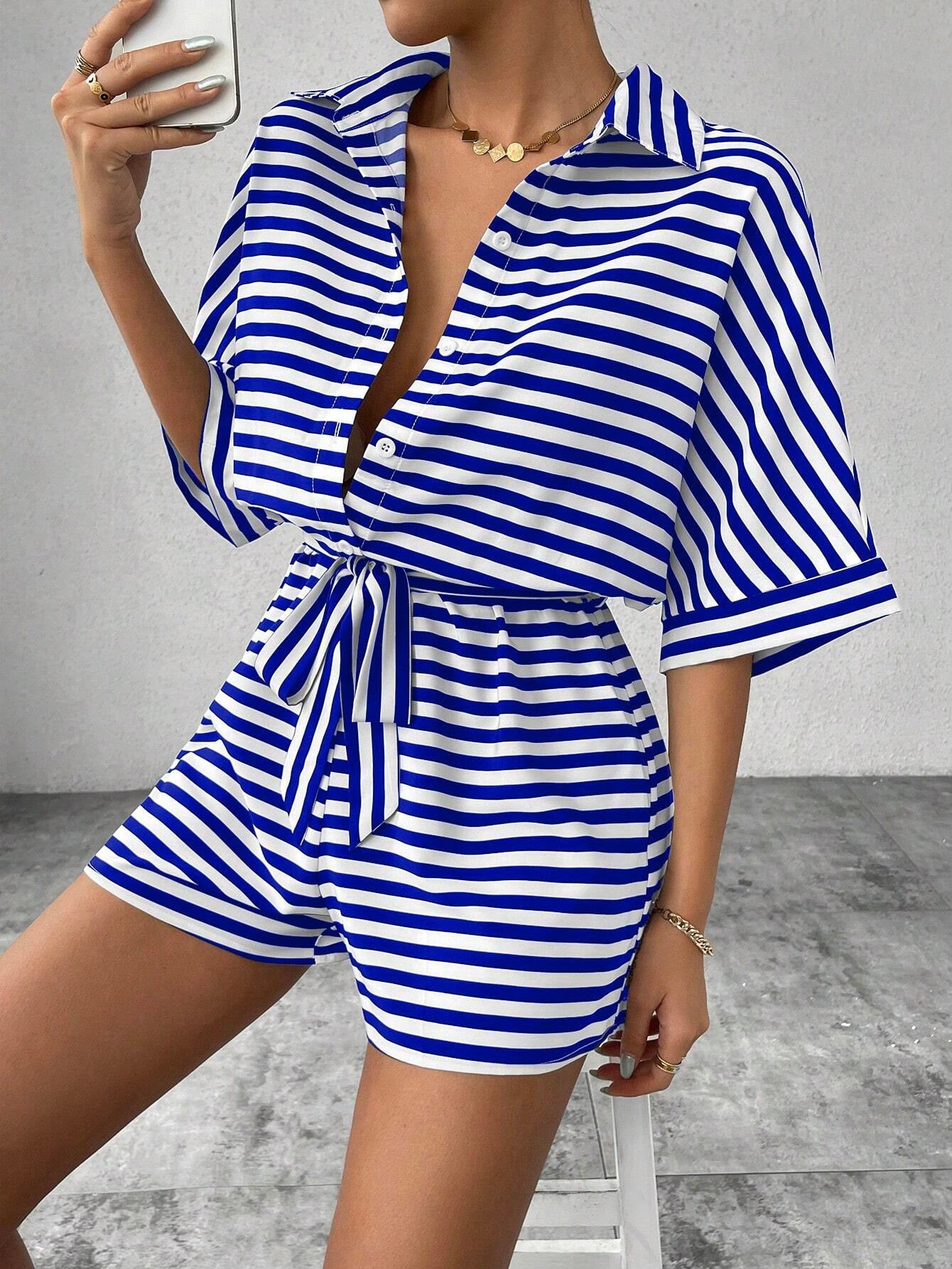 Summer Women Clothing Striped Collared Cardigan Button Half Sleeve Shorts Jumpsuit