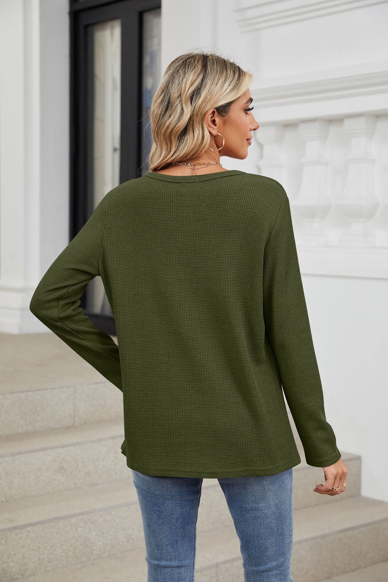 Spring Autumn Loose Fitting V Neck Long Sleeves Solid Color Casual T Shirt Top Women