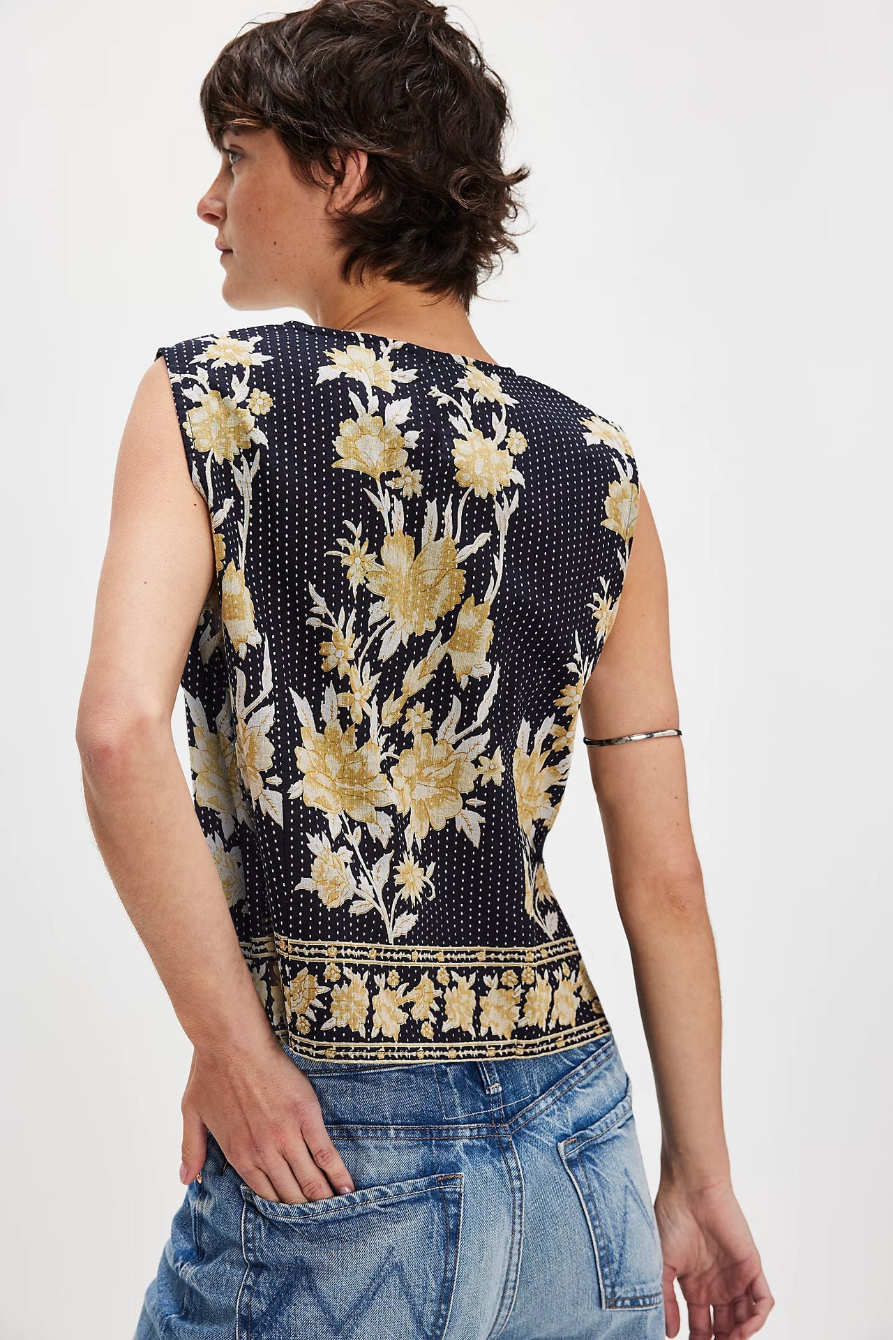 Women Tops Vintage Print Lace up Loose Ladies Vest