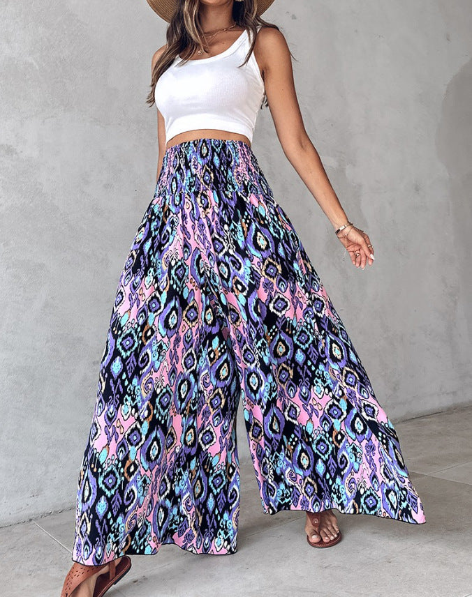 Women Clothing Printed Waist-Controlled Casual Trousers Wide Leg Pants