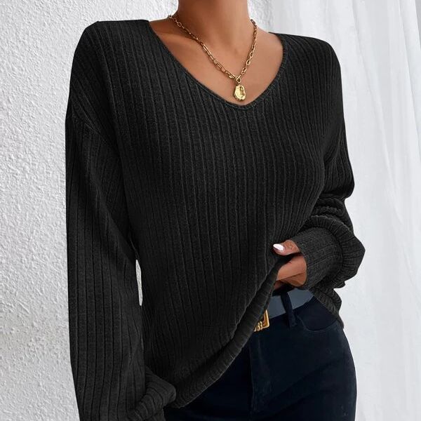 Autumn Loose Knitwear V-neck Drop Shoulder Lantern Sleeve T Women