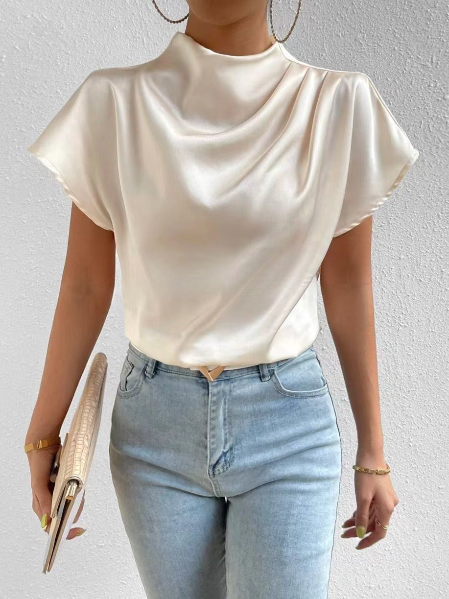 Round Neck Short Sleeve Left Shoulder Pleated T shirt Satin Women Top