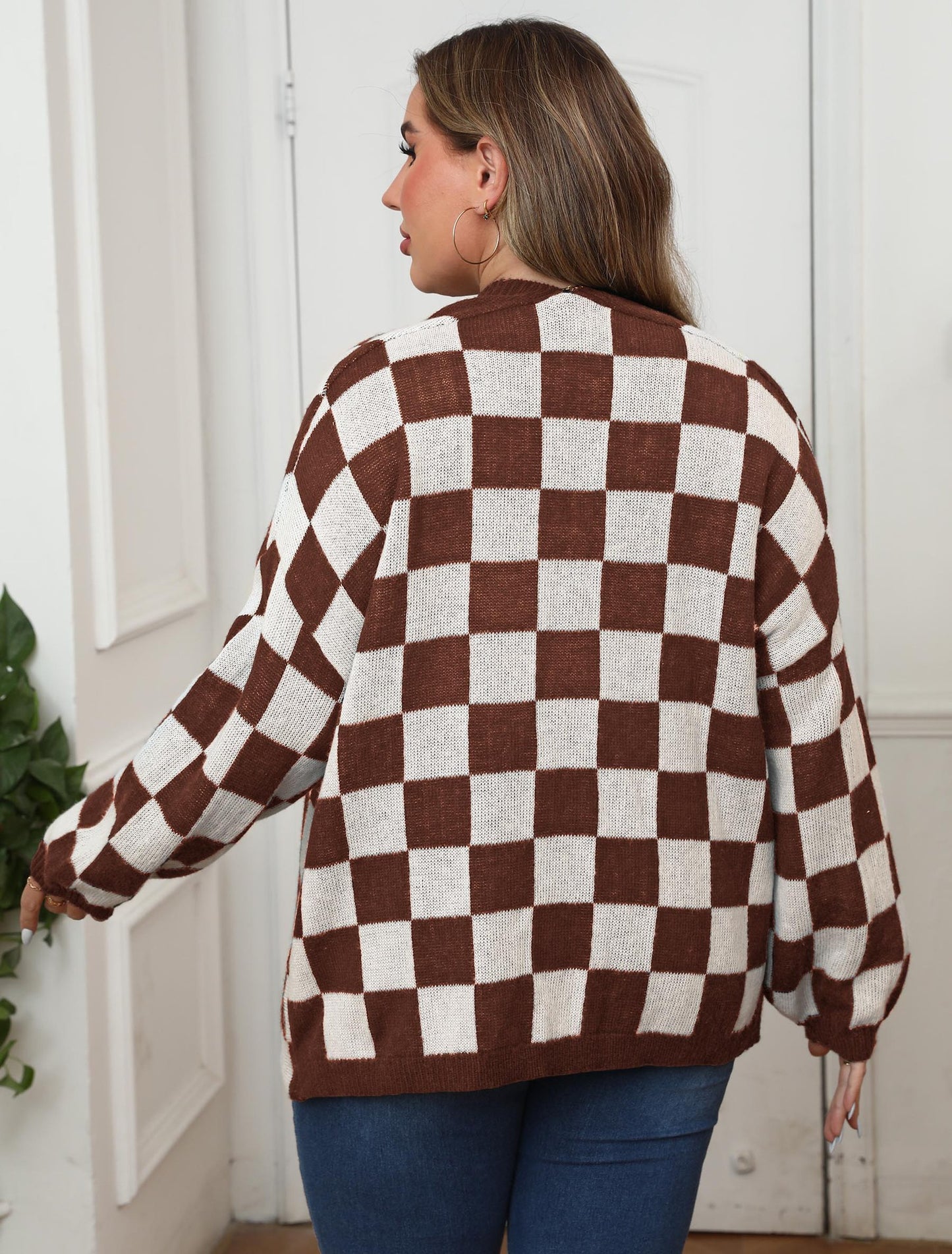 Plus Size Women Cardigan Color Contrast Patchwork Chessboard Plaid Loose Casual Sweater Coat