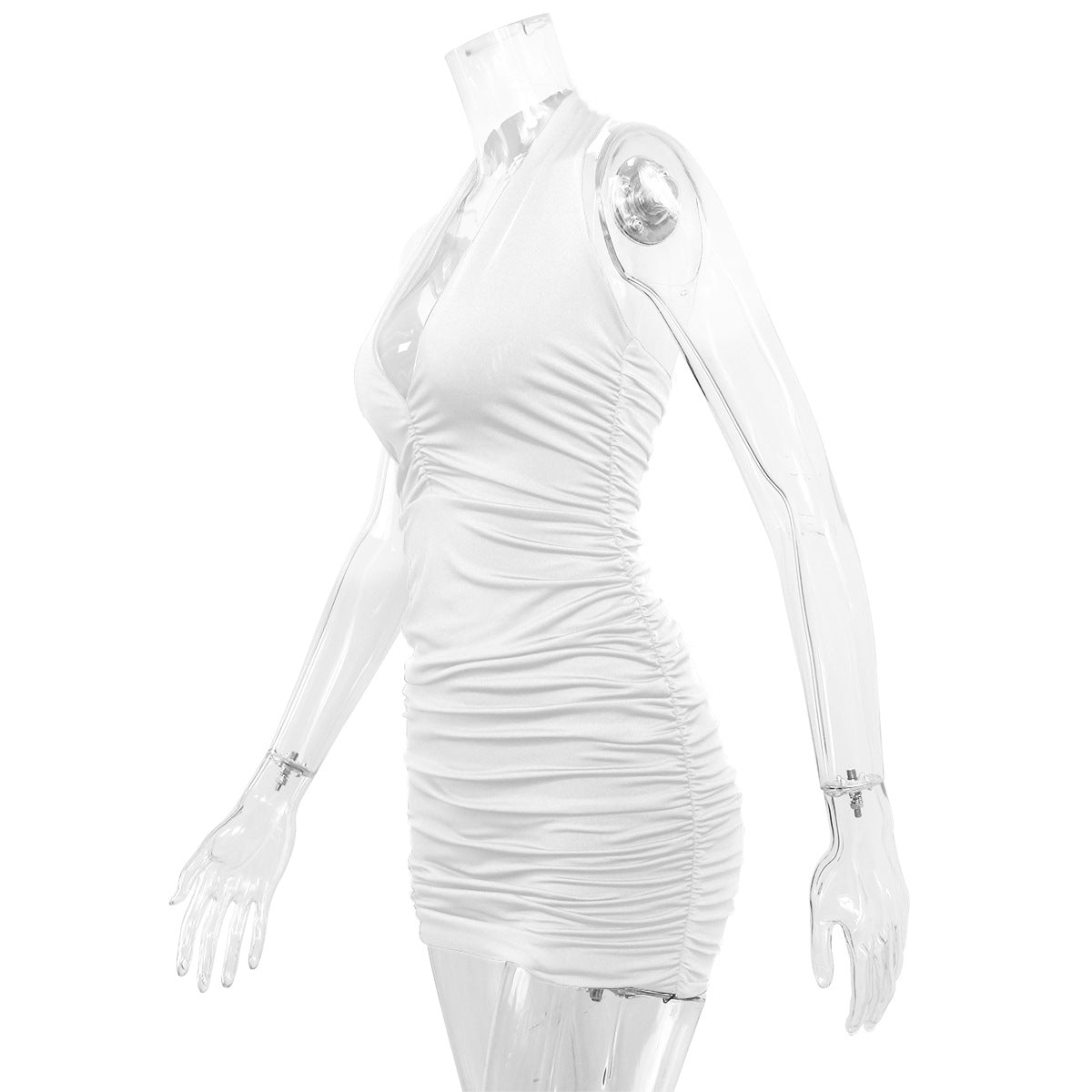 Summer New Women Clothing V-neck Halter Backless off-Shoulder Sexy Minimalist Pleated Dress