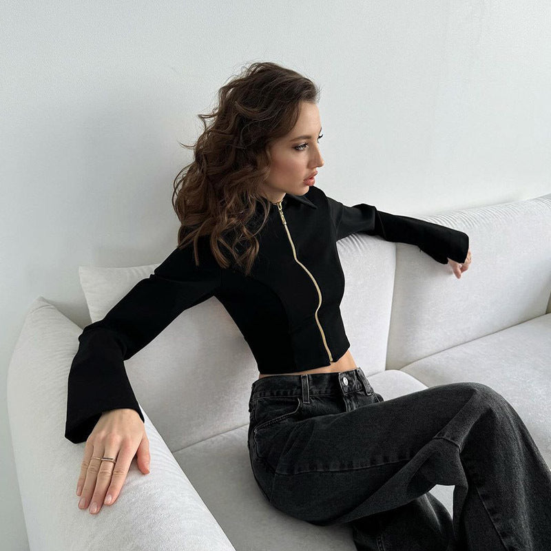 Autumn Women Clothing Sexy Long Sleeve Zipper Cardigan Slim Fit Slim Sexy Backless Short Top