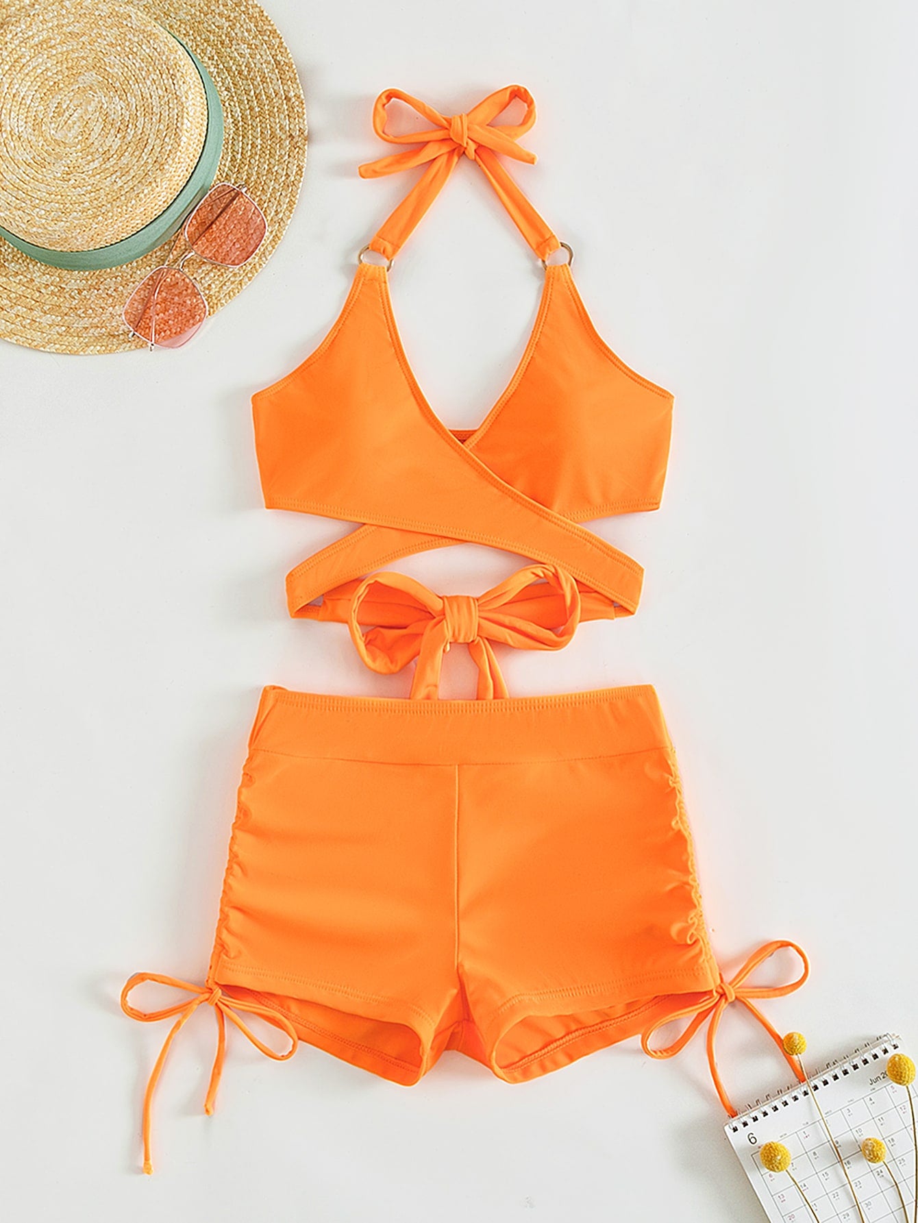 Summer Split Swimsuit Women Solid Color Multi Color Hollow Out Cutout out Halter Tied Swimsuit Bikini