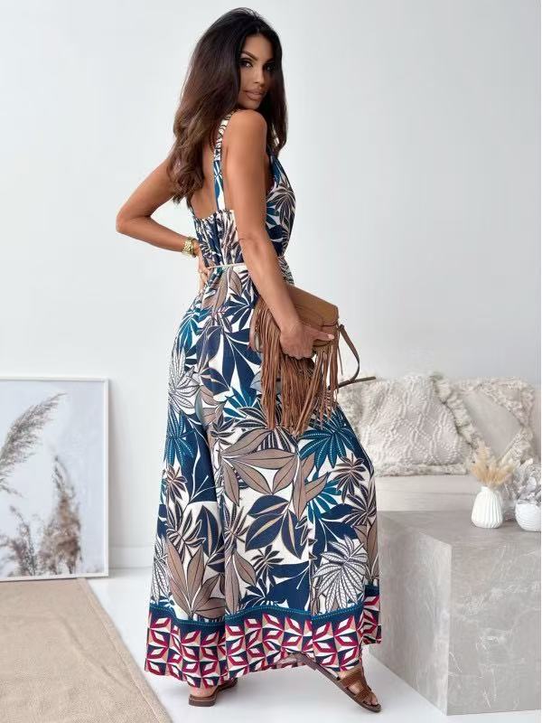 Women Clothing Summer Positioning Floral V neck Brace One Piece Wide Leg Pants with Belt
