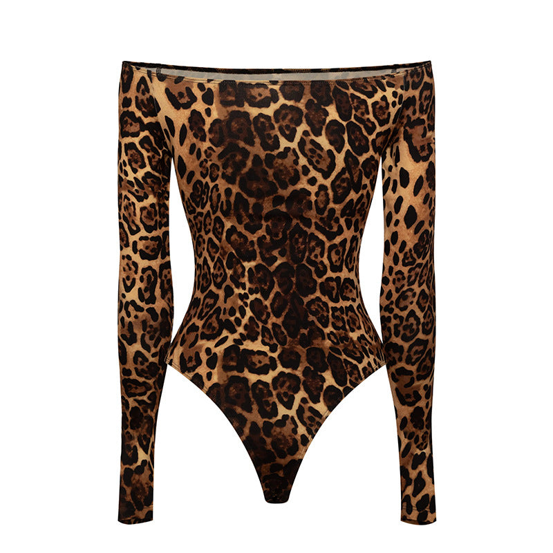 Women off Neck High Waist Long Sleeve Leopard Print Jumpsuit Tight Top