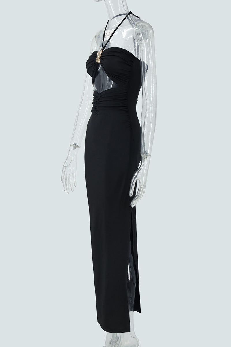 Summer Sexy Halter Three Dimensional Decoration Hollow Out Cutout Backless Leg Exposed Dress Women Clothing