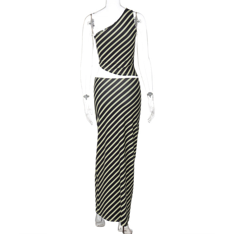 Women Clothing Striped Printed Shoulder Sleeveless Cropped Small Tank Top Top Mid Waist Skirt Two Piece Set