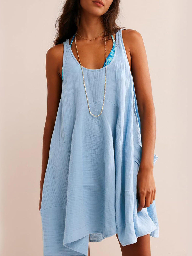 Spring Summer Casual Vacation Solid Color Patchwork Pocket Vest Dress Women Clothing