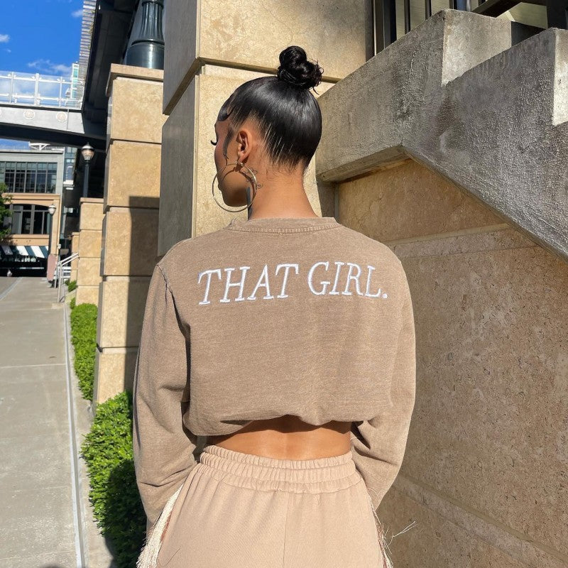 Sexy Autumn Solid Color Round Neck Embroidered Letter Graphic Long Sleeve Short Cropped Women Sweatshirt