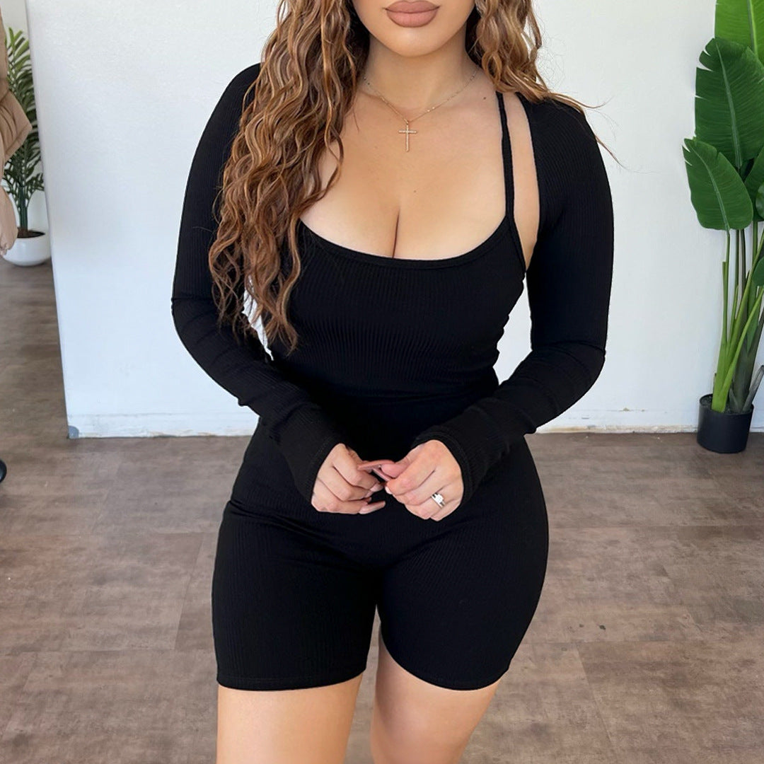 Women Clothing Goods Solid Color Rib Fabric Shawl Backless Lace up Jumpsuit Two Piece Set