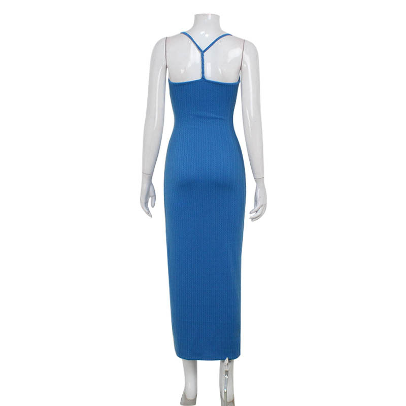 Women Sexy V Neck Knitted Suspenders Dress High Slit Lightly Mature Slim Fit Figure Flattering Maxi Dress