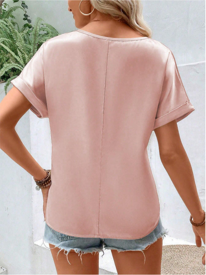 Women Satin V neck Pocket T shirt Curling Short Sleeve Loose Casual Top