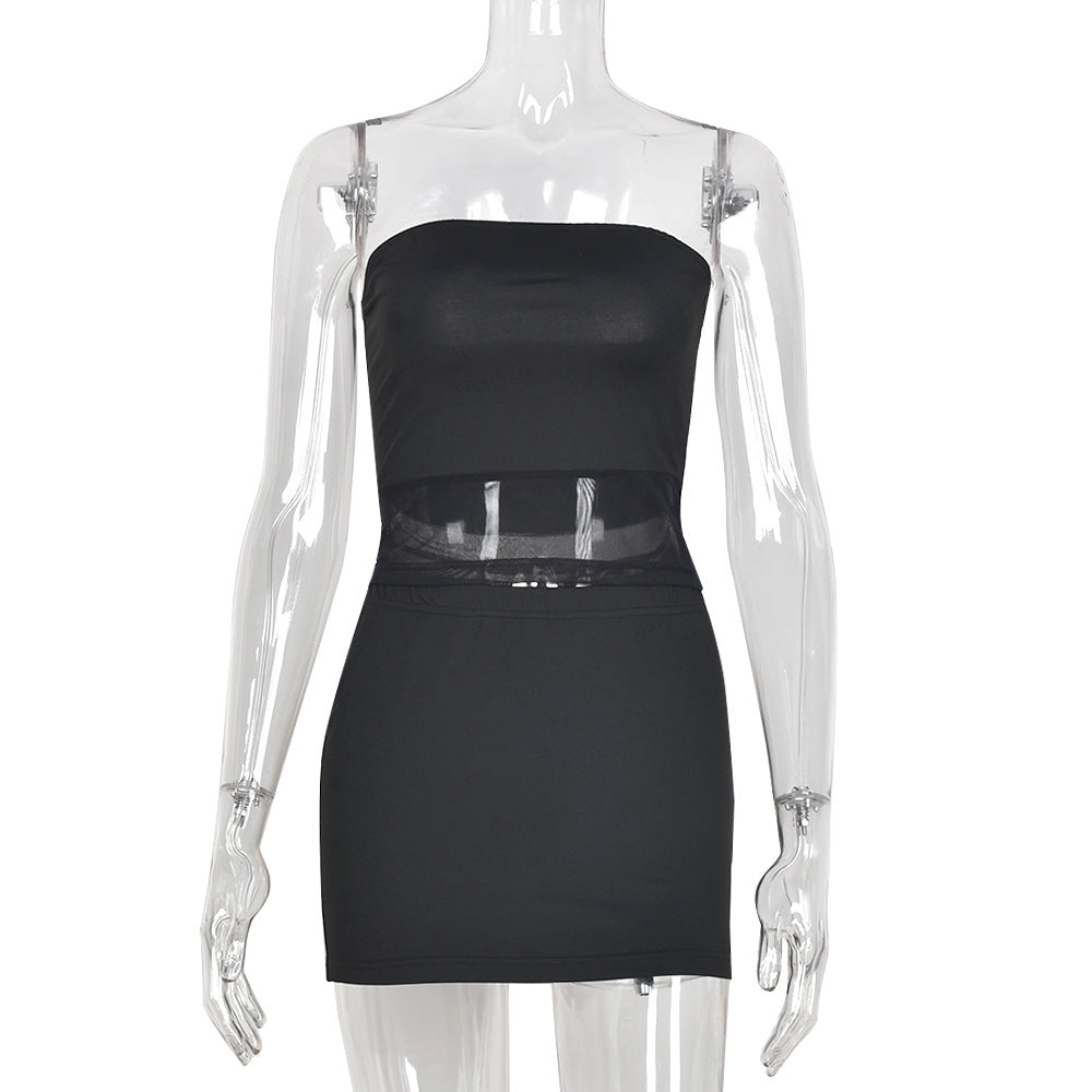 Sexy Women Clothing Hollow Out Cutout Out Cropped Mesh Short Skirt Two Piece Set Women