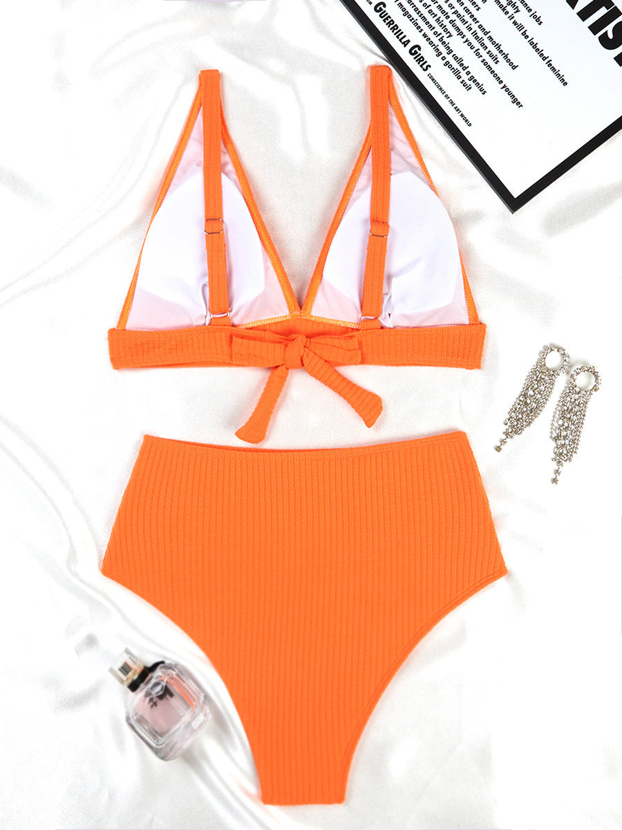 Solid Color High Waist Sunken Stripe Bikini Sexy Swimsuit Women Split Special Fabric Swimsuit