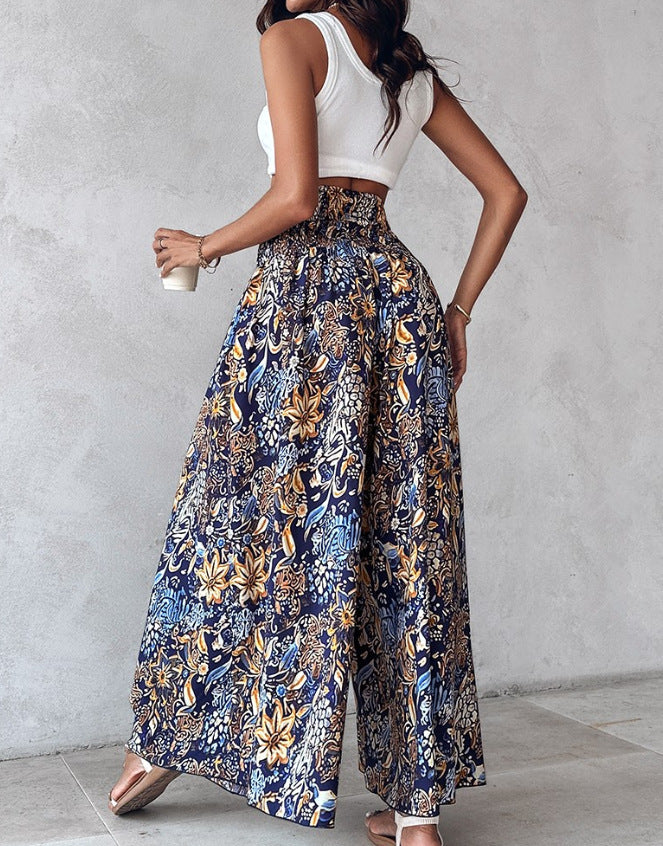Women Clothing Printed Waist-Controlled Casual Trousers Wide Leg Pants