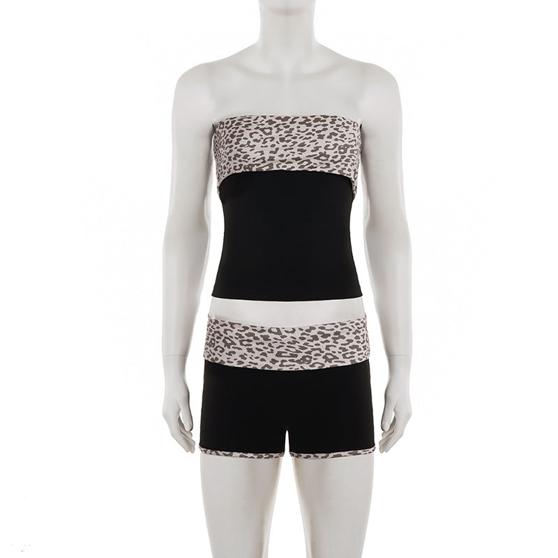 Sexy Women Wear Leopard Splicing Casual Tube Top Shorts Set Slimming Top Hip Boxer Shorts Two Piece Set