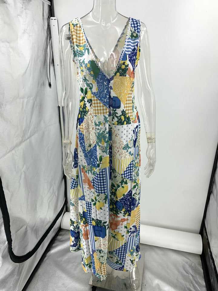 Summer Casual Women Printed Wear Sleeveless Large V-neck Large Swing Dress Amplified craft