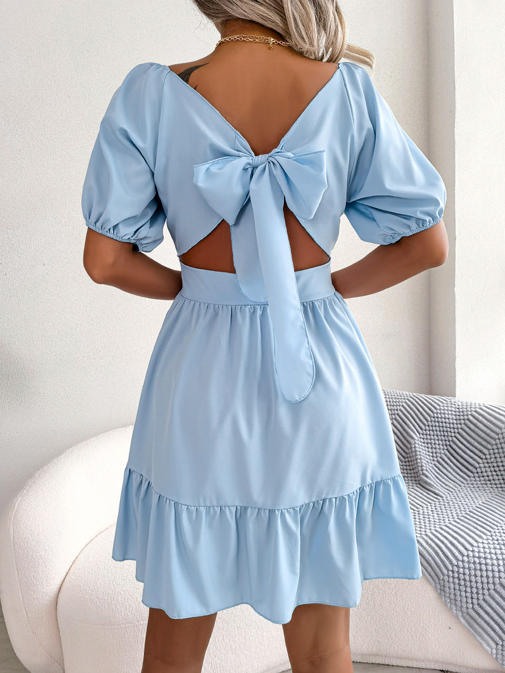 Spring Summer New Casual Square Collar Backless Tied Lotus Leaf Large Swing Dress Women Clothing Tiered Dress