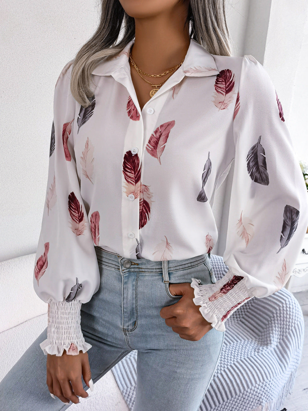 Spring Summer Elegant Feather Lantern Sleeve Collared Shirt Women Clothing
