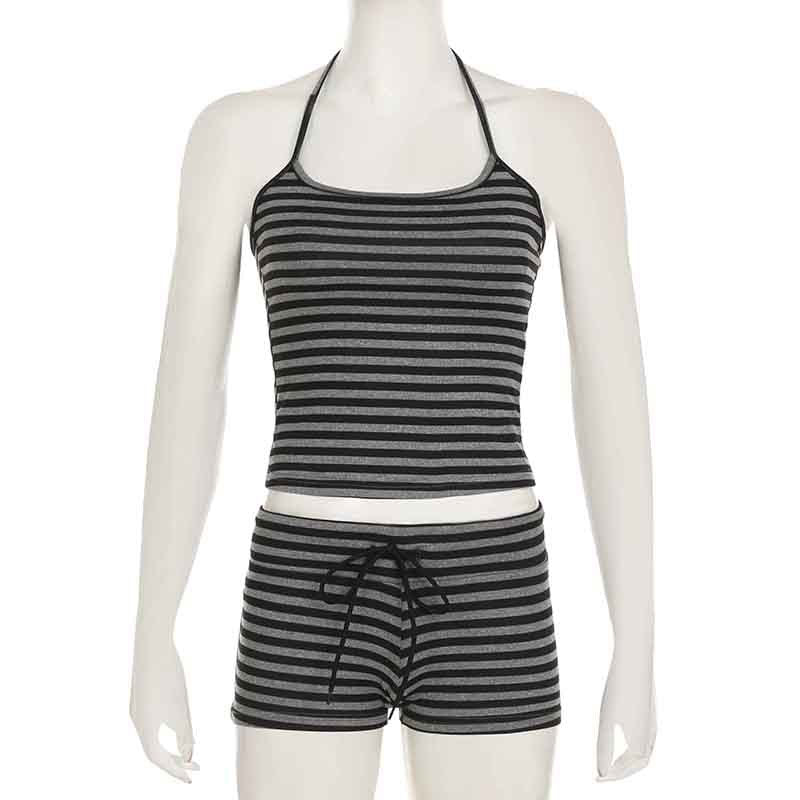 Sports Casual Slim Fit Sexy Home Wear Halter Spaghetti Straps Top Drawstring Shorts Striped Two Piece Sets