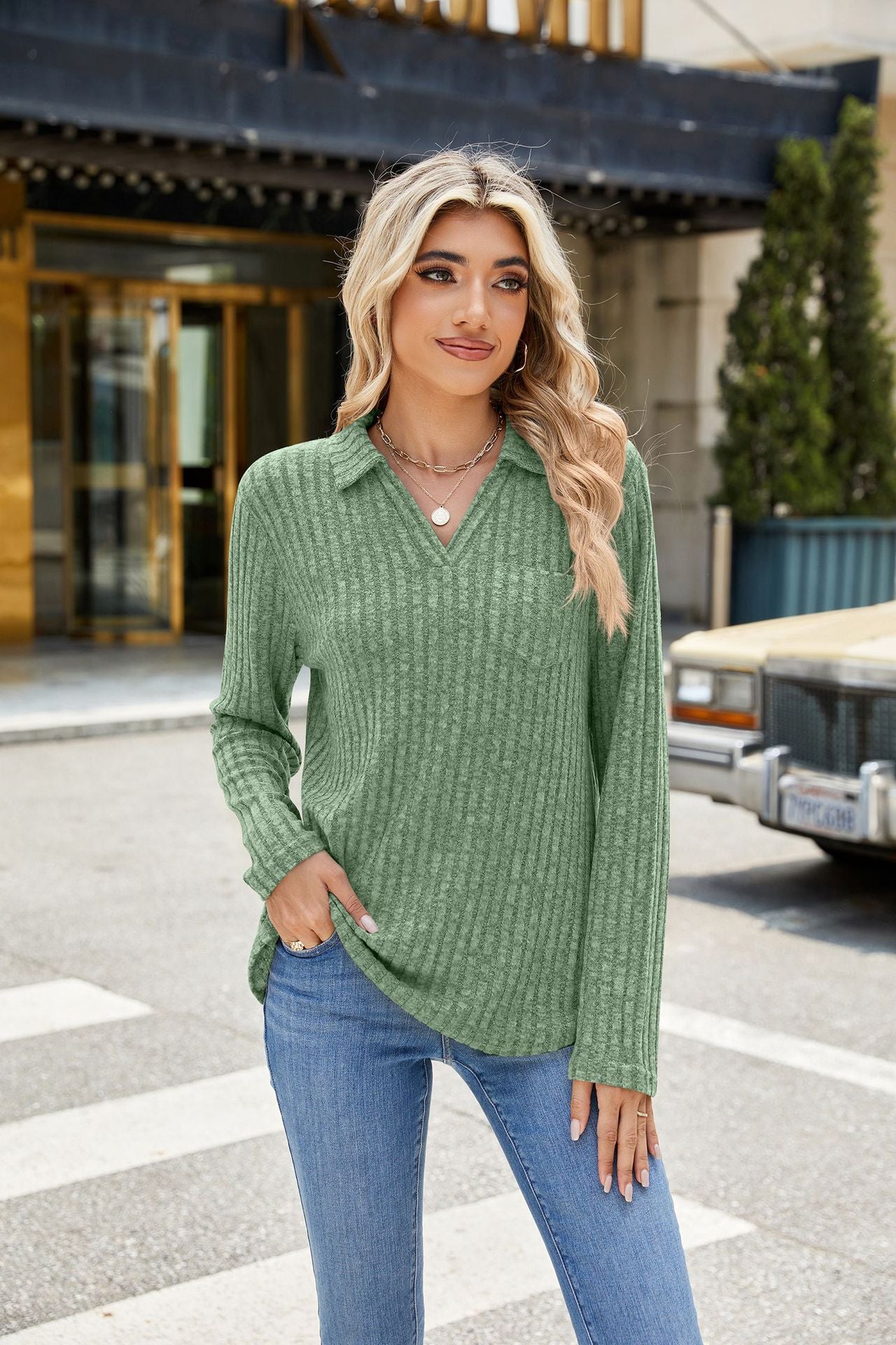 Autumn Winter Solid Color Polo Collar Pocket Long Sleeve Loose Fitting T Shirt Top Women