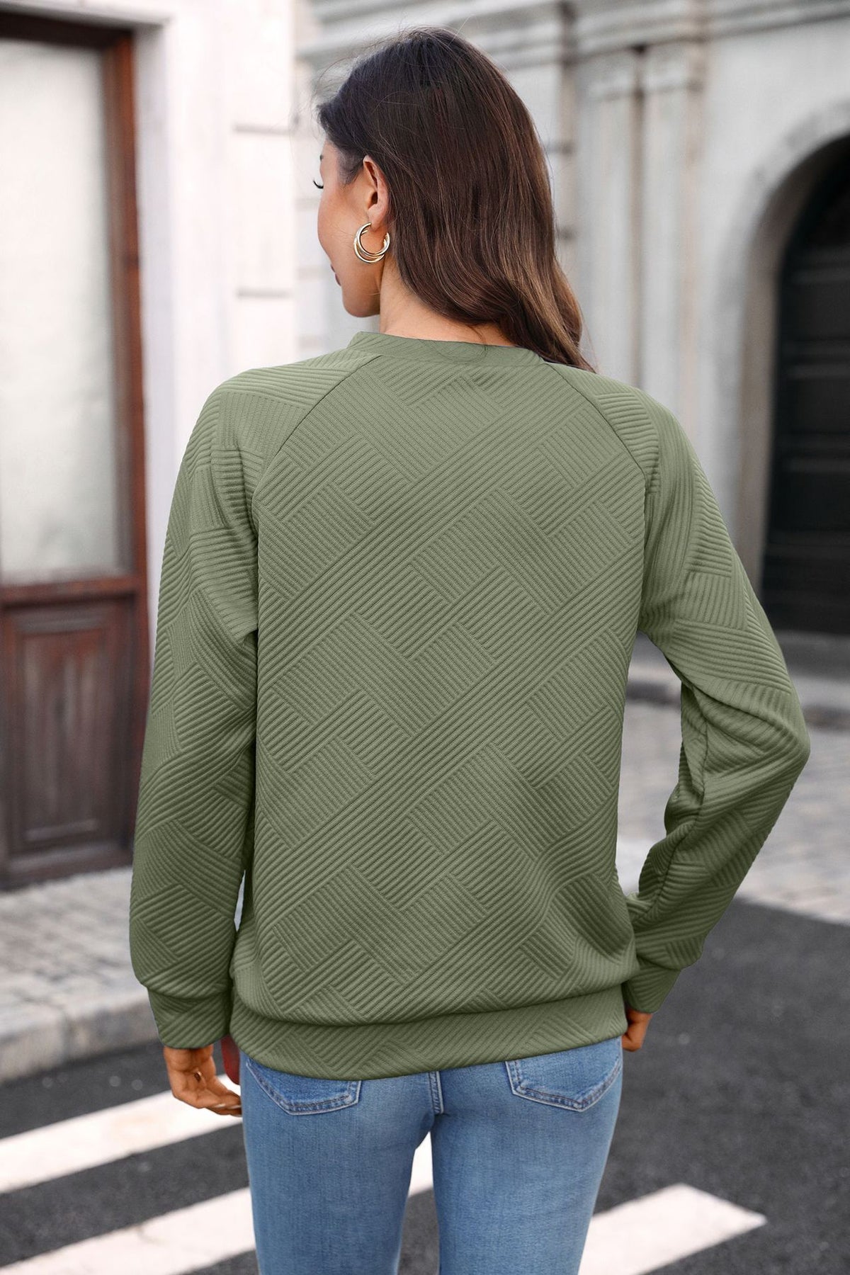 Autumn Winter Solid Color V neck Loose Long Sleeve Sweatershirt Plaid Top Women