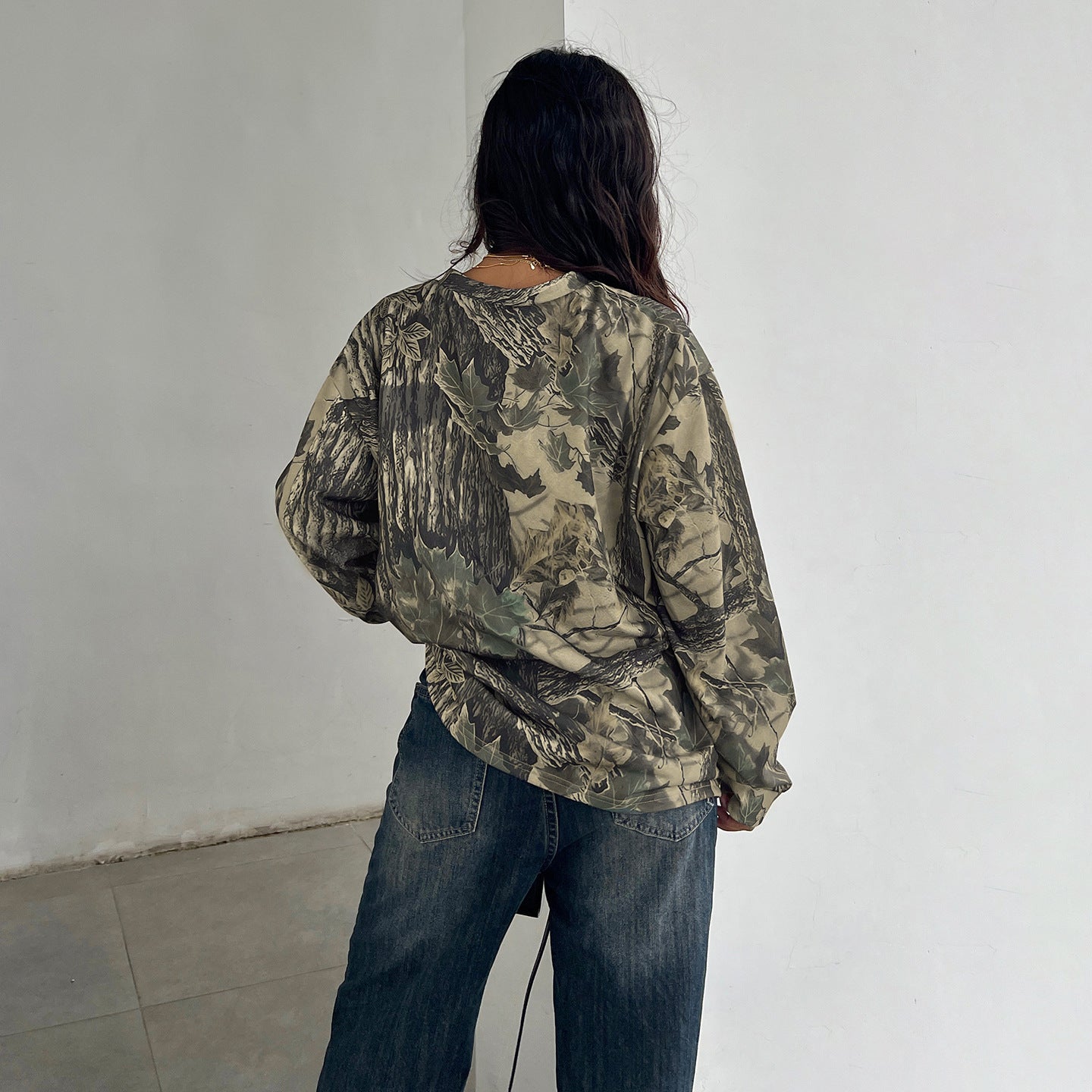 Retro Casual Camouflage Leaf Print Long Sleeve Crew Neck Sweater Spring Autumn Loose Long Sleeve Street Top