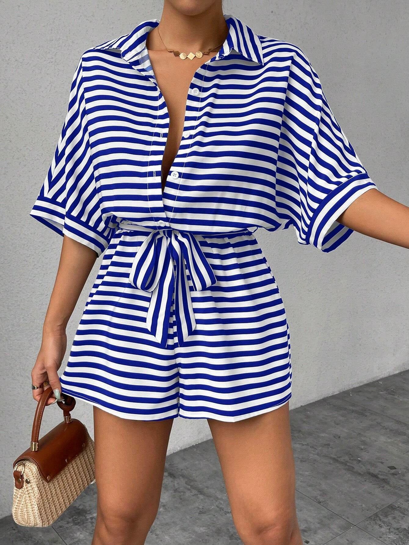 Summer Women Clothing Striped Collared Cardigan Button Half Sleeve Shorts Jumpsuit