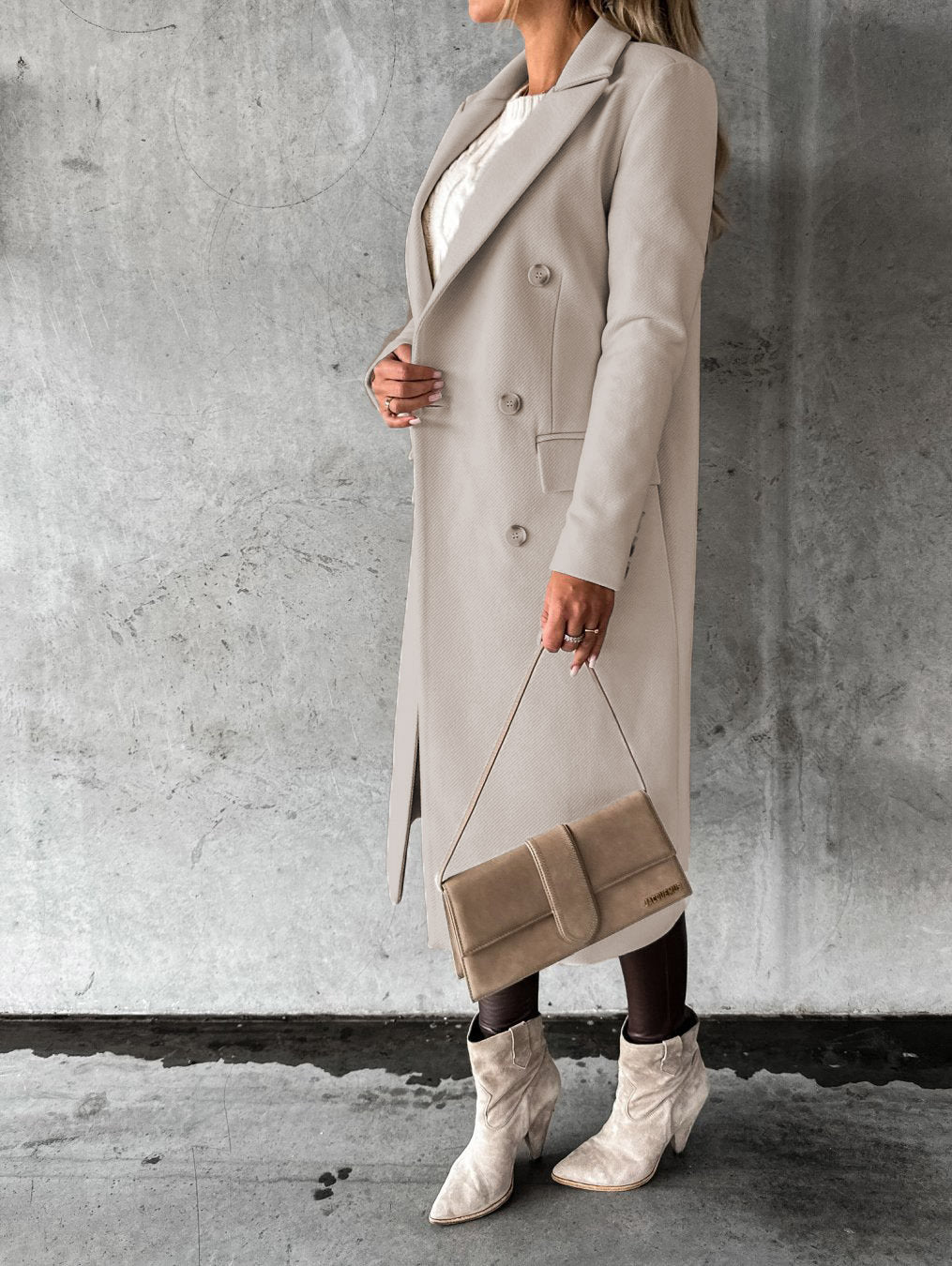 Autumn Winter Women Clothing Long Sleeve Polo Collar Solid Color Double Breasted Slim Fit Coat Overcoat